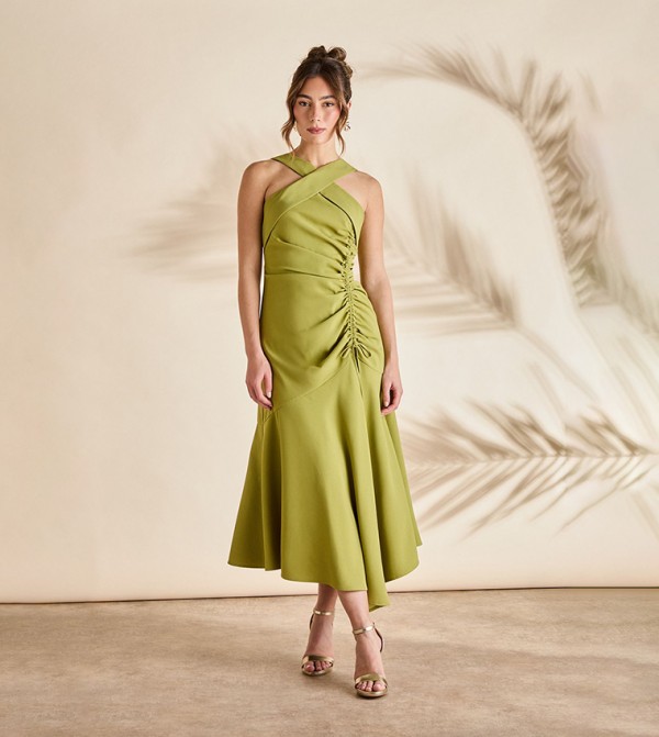 Halterneck Gathered Side Midi Party Dress
