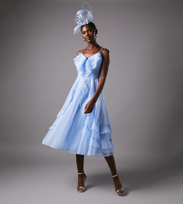 Frill V-Neck Midi Wedding Guest Midi Dress