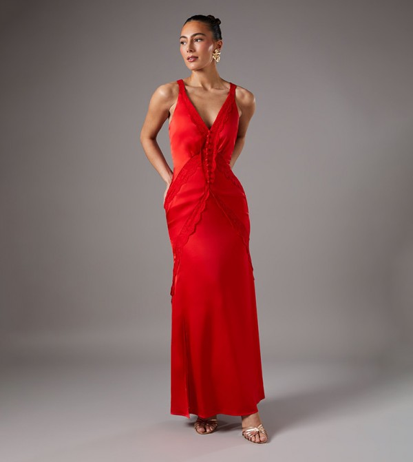 Lace Trim Plunge Sleeveless Maxi Dress