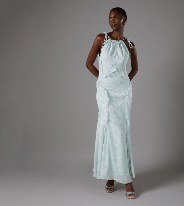 Jacquard Halterneck Sleeveless Frill Maxi Dress