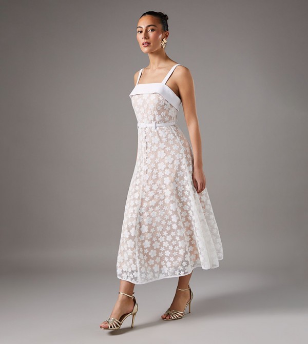 Mesh Floral Print Sequined Belted Midi Races Dress