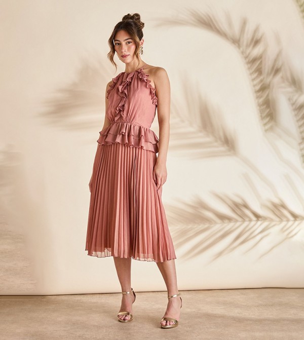 Pleated Ruffled Halterneck Dress