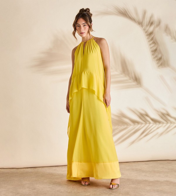 Halterneck Cape Sleeves Cold Shoulder Maxi Dress