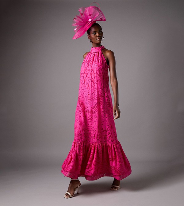 Halter Burnout Jacquard Maxi Holiday Dress
