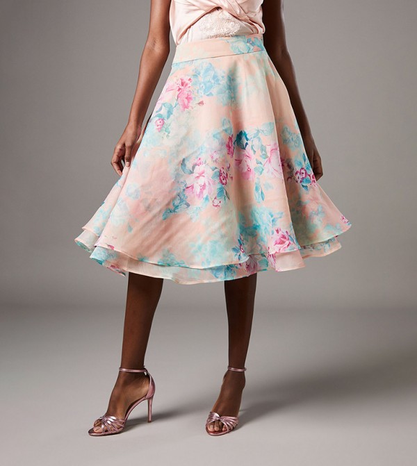 Organza Floral Printed Midi Skirt