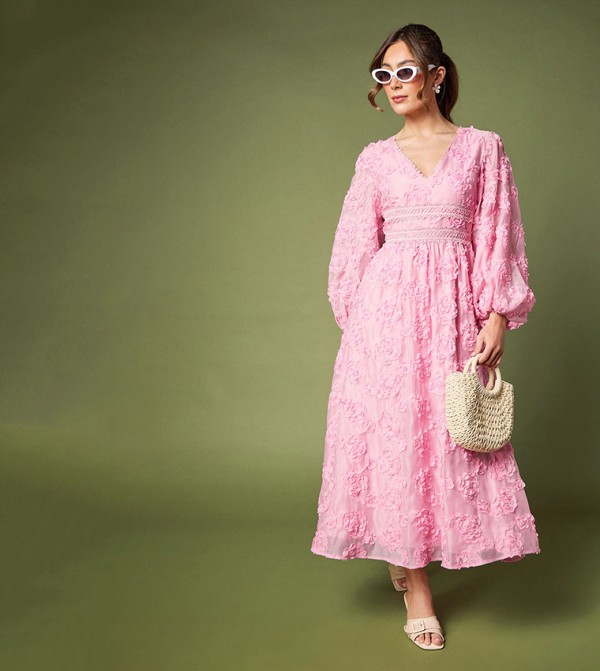 Textured Balloon Sleeves Midi Dress