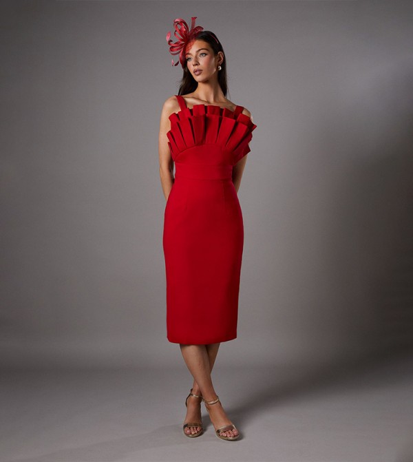 Fan Pleated Fitted Midi Dress