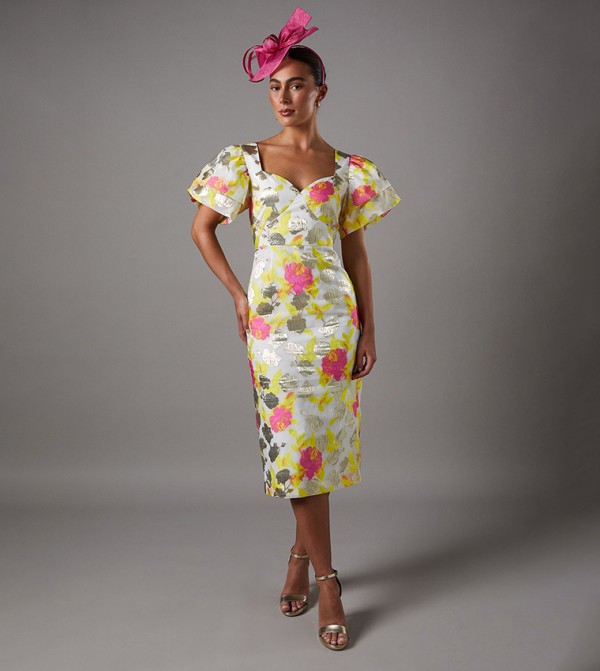 Metallic Jacquard Volume Sleeves Midi Dress