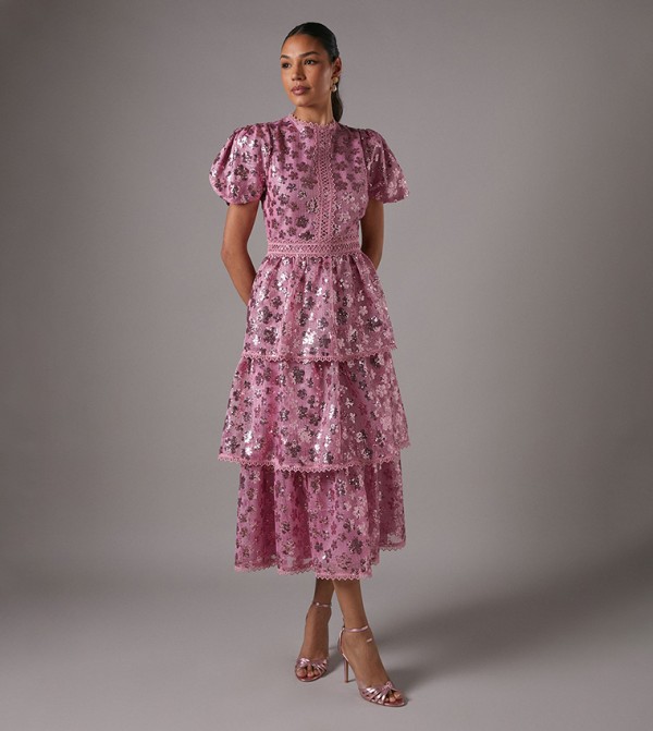 Short Sleeves Flower Sequined Tiered Midaxi Dress