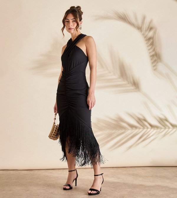 Fringe Hem Cross Neck Midi Dress