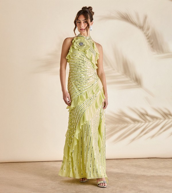 Embellished Corsage Frill Maxi Dress