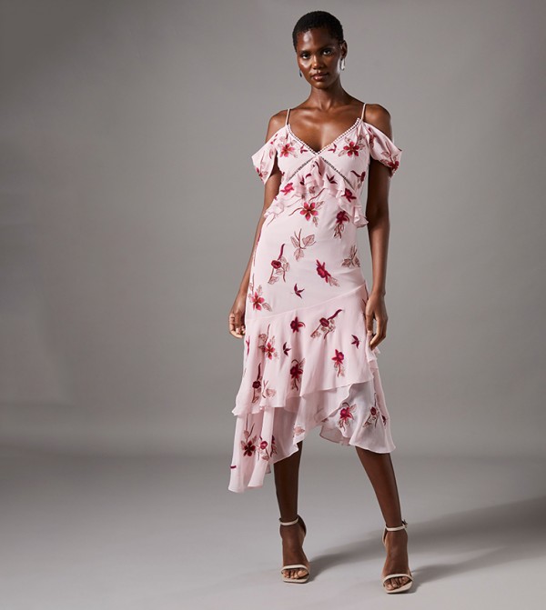 Sequined Embellished Off Shoulder Midi Wedding Guest Dress