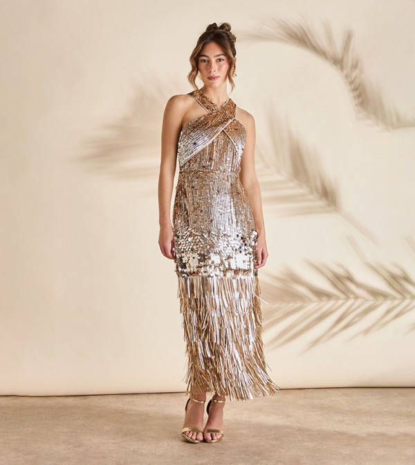 Gold Sequined Tassel Detail Halterneck Party Dress