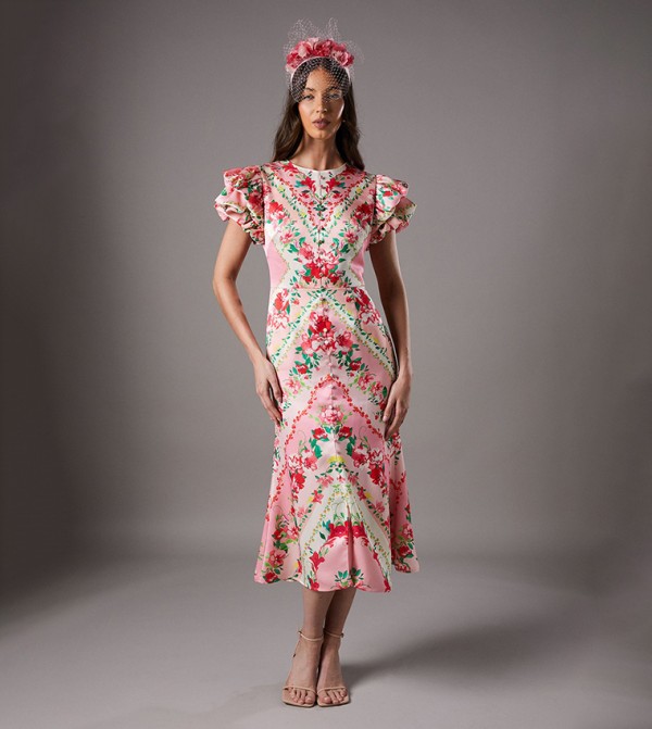 Lisa Tan Striped Printed Ruffle Hem Midi Dress