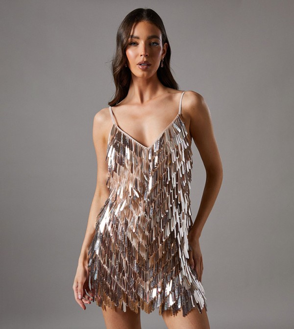 Sequined Fringed Plunge Neck Mini Dress