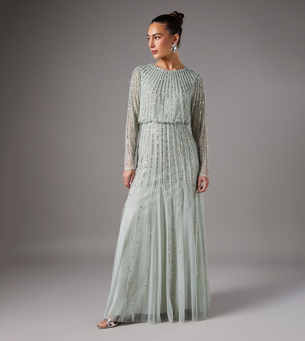 Linear Embellished Long Sleeves Maxi Dress