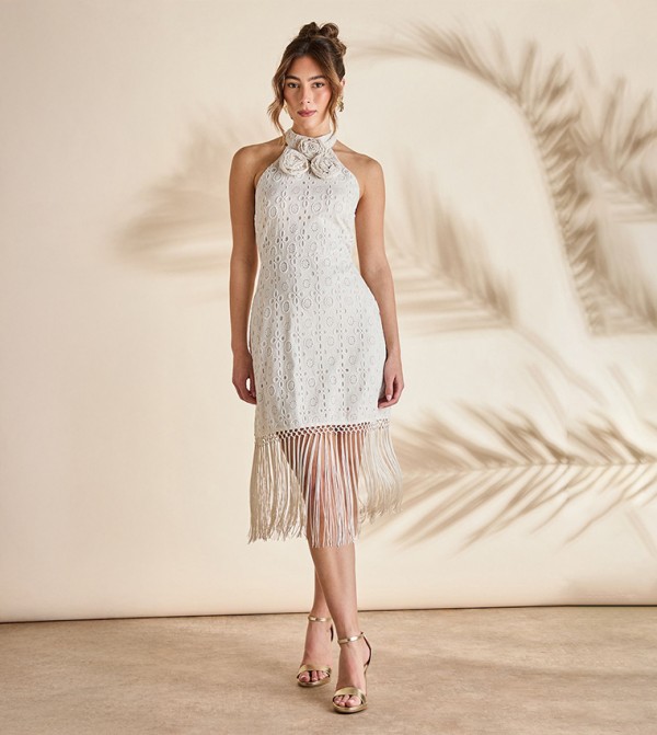Broderie Embellished Fringe Halterneck Midi Dress