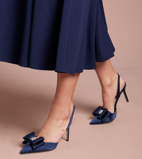 Satin Embellished Bow Detail Slingback Pumps