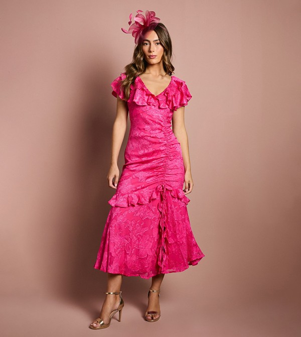 Frill V-Neck Jacquard Wedding Midaxi Dress