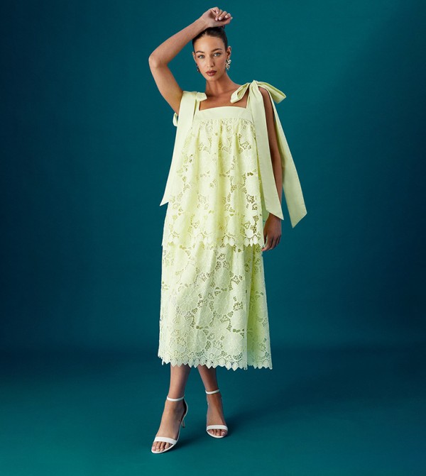 Muse Lace Tie Shoulder Tiered Midi Wedding Guest Dress