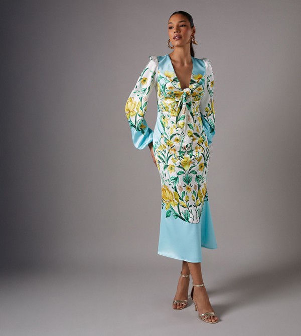 Printed Tie Front Long Sleeves Midi Wedding Dress