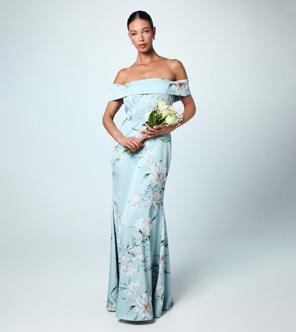 Printed Off-Shoulder Satin Bridesmaids Maxi Dress