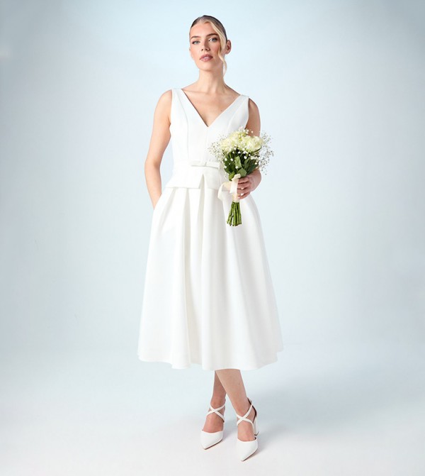 V-Neck Bow Detail Full Skirted Midi Wedding Dress