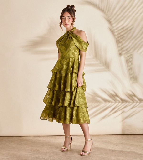 Cold Shoulder Chiffon Halter Midaxi Dress