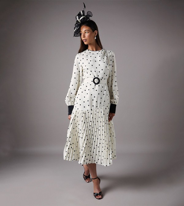 Polka Dots Long Sleeves Pleated Maxi Dress