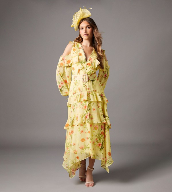 Floral Printed Cold Shoulder Belted Midi Dress