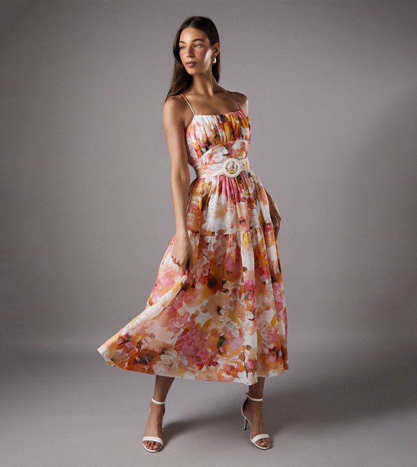 Printed Belted Sleeveless Midi Dress