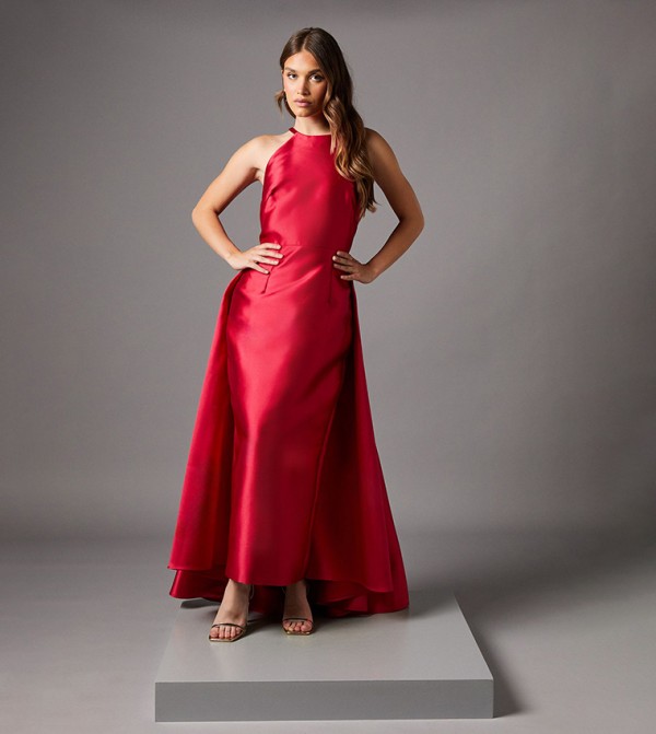 Halterneck Twill Column Maxi Dress