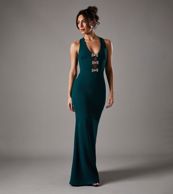 Diamante Bow Trim Halterneck Maxi Dress