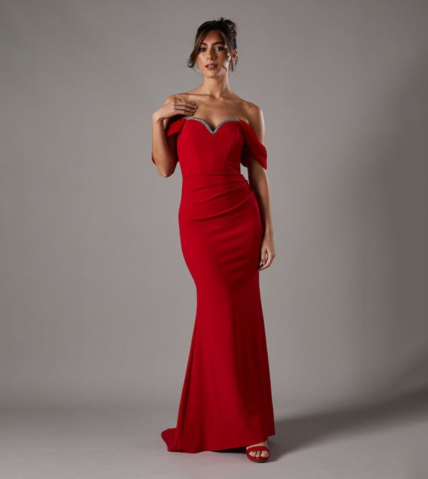 Diamante Trim Off Shoulder Maxi Dress