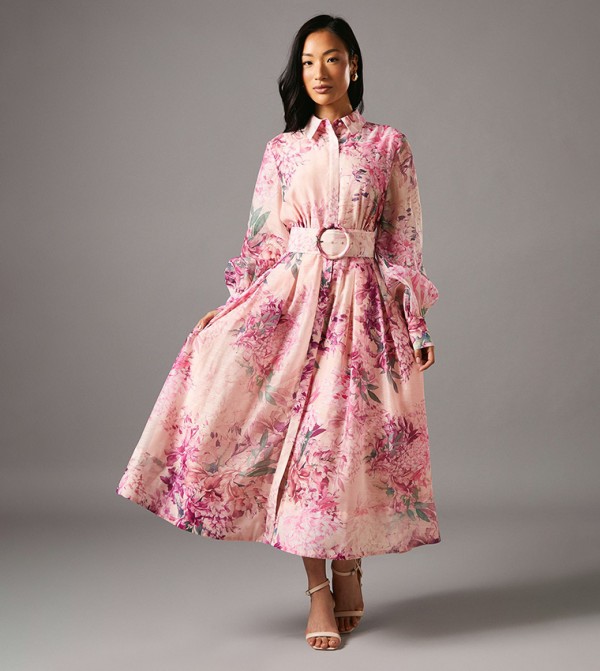 Organza Belted Long Sleeves Midi Shirt Dress