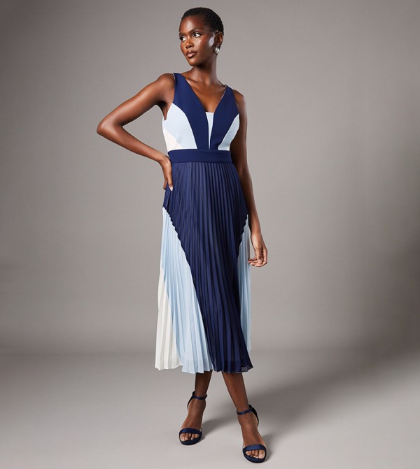 V-Neck Pleated Chiffon Paneled Midi Dress