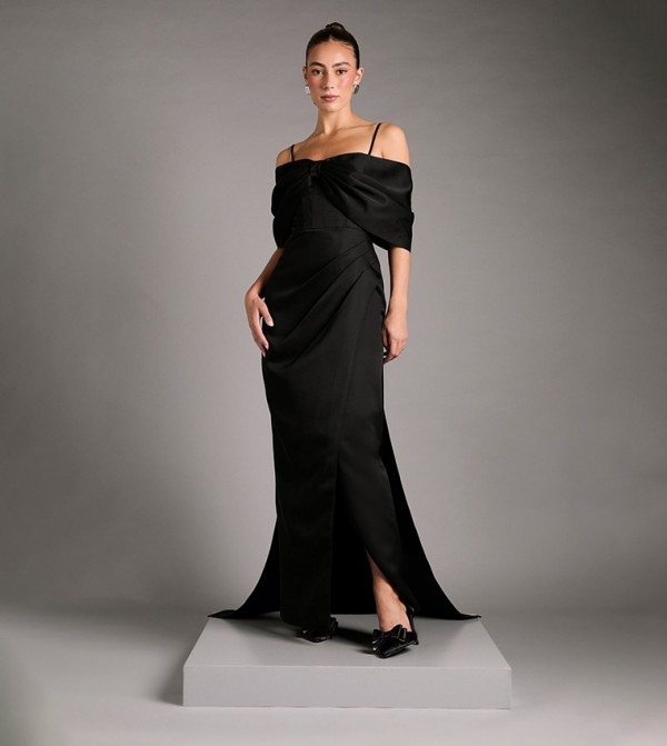 Bardot Satin Dress with Bow Back Detail