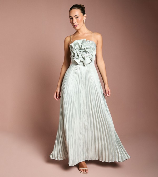 Metallic Strappy Pleated Corsage Maxi Party Dress