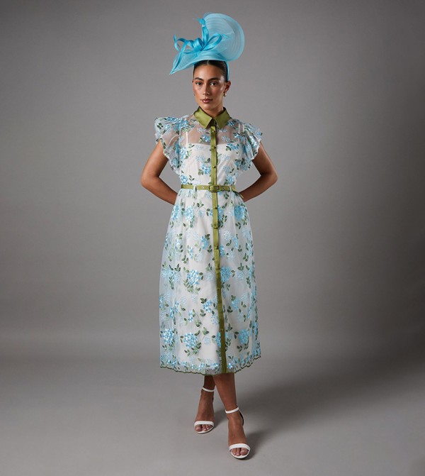Embroidered Mesh Shirt Midi Dress