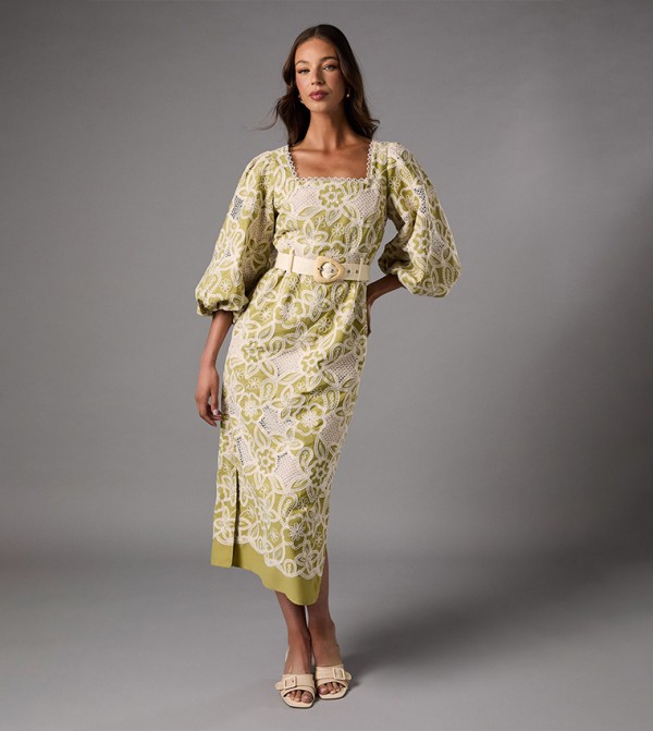 Printed Blouson Sleeves Belted Lace Midi Dress