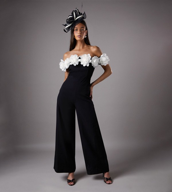 3D Flower Bardot Wide Leg Jumpsuit