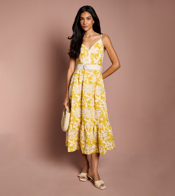 Printed Strappy V-Neck Belted Lace Midi Dress