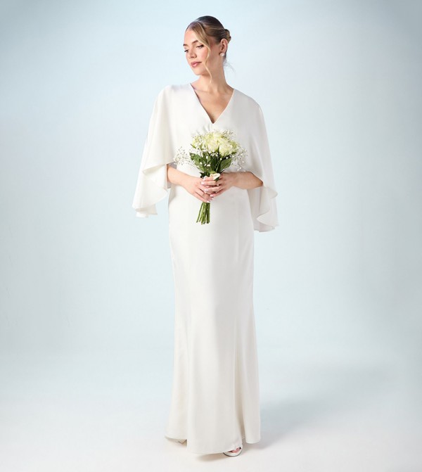 Solid V-Neck Batwing Satin Wedding Dress