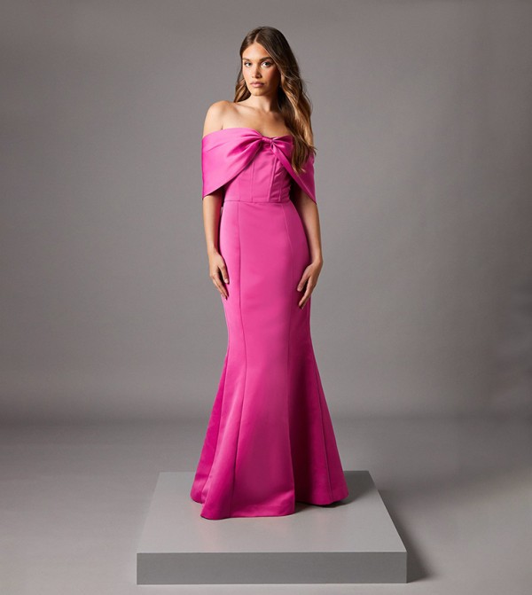 Bardot Bow Effect Fishtail Maxi Occasion Dress