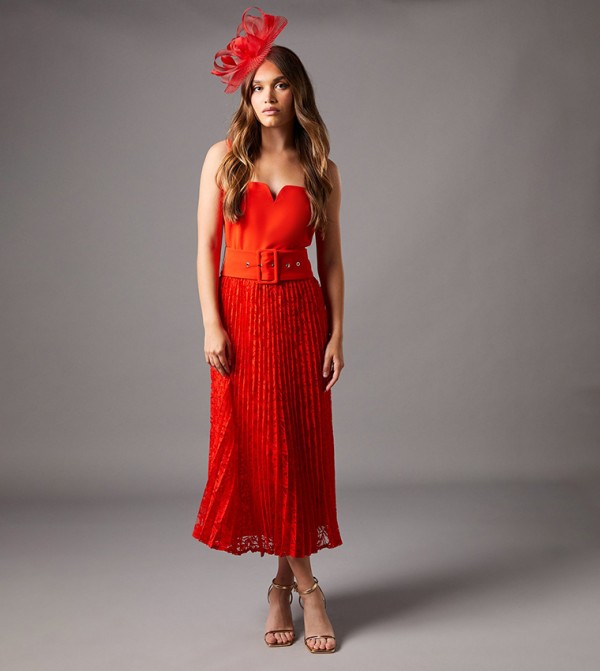 Notch Neck Pleated Lace Midi Dress