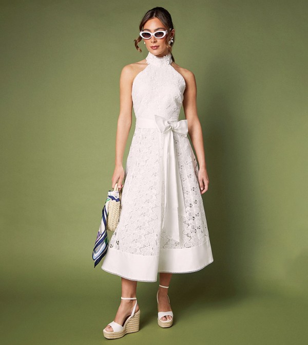 Halterneck Belted Lace Midi Dress
