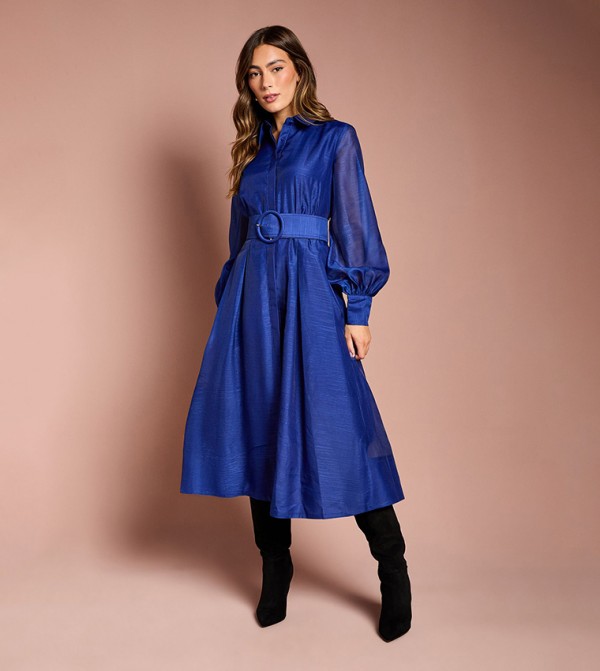 Organza Long Sleeves Midi Shirt Dress with Belt