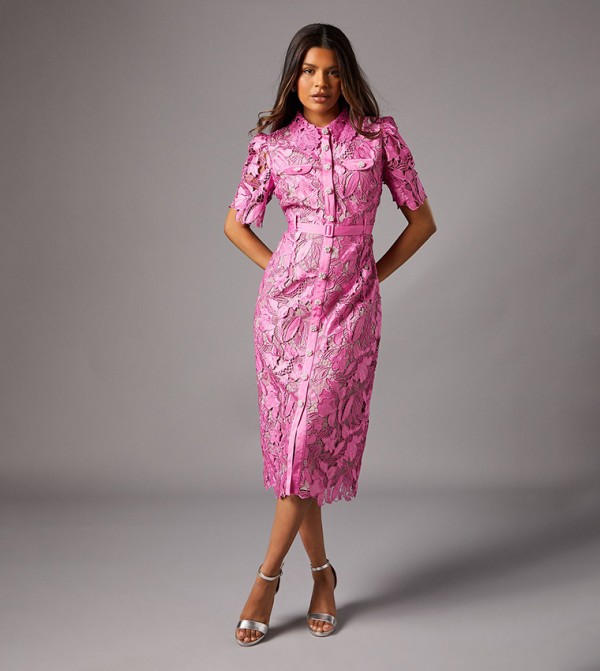 Petite Lace Shirt Dress with Contrast Collar