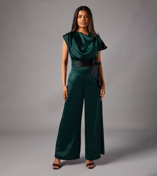 Petite Tie Side Satin Drape Wide Leg Jumpsuit