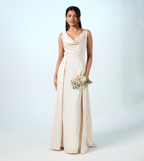 Petite Sleeveless Cowl Neck Satin Maxi Bridesmaid Dress
